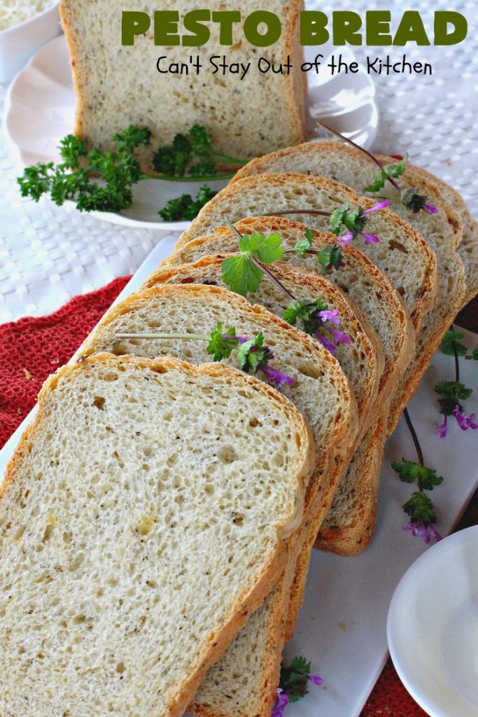 Pesto Bread | Can't Stay Out of the Kitchen | this tasty #HomemadeBread is heavenly. It has the flavors of #Pesto with #basil, #OliveOil, #ParmesanCheese & parsley. Plus, it's so easy to make since it's made in the #breadmaker. Terrific for #holiday or company menus. But it's a great dinner #bread to serve any time. #Thanksgiving #Christmas #Easter #Italian #ItalianDinnerBread