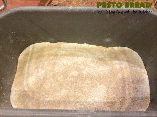 Pesto Bread | Can't Stay Out of the Kitchen | this tasty #HomemadeBread is heavenly. It has the flavors of #Pesto with #basil, #OliveOil, #ParmesanCheese & parsley. Plus, it's so easy to make since it's made in the #breadmaker. Terrific for #holiday or company menus. But it's a great dinner #bread to serve any time. #Thanksgiving #Christmas #Easter #Italian #ItalianDinnerBread
