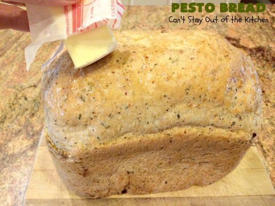 Pesto Bread | Can't Stay Out of the Kitchen | this tasty #HomemadeBread is heavenly. It has the flavors of #Pesto with #basil, #OliveOil, #ParmesanCheese & parsley. Plus, it's so easy to make since it's made in the #breadmaker. Terrific for #holiday or company menus. But it's a great dinner #bread to serve any time. #Thanksgiving #Christmas #Easter #Italian #ItalianDinnerBread