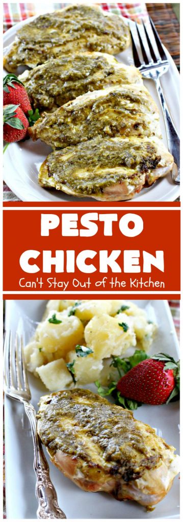 Pesto Chicken | Can't Stay Out of the Kitchen | mouthwatering 3-ingredient #chicken entree that's oven ready in 5 minutes. Terrific #recipe for family or company dinners. #pesto #parmesancheese #glutenfree