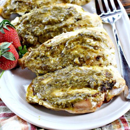 Pesto Chicken | Can't Stay Out of the Kitchen | mouthwatering 3-ingredient #chicken entree that's oven ready in 5 minutes. Terrific #recipe for family or company dinners. #pesto #parmesancheese #glutenfree