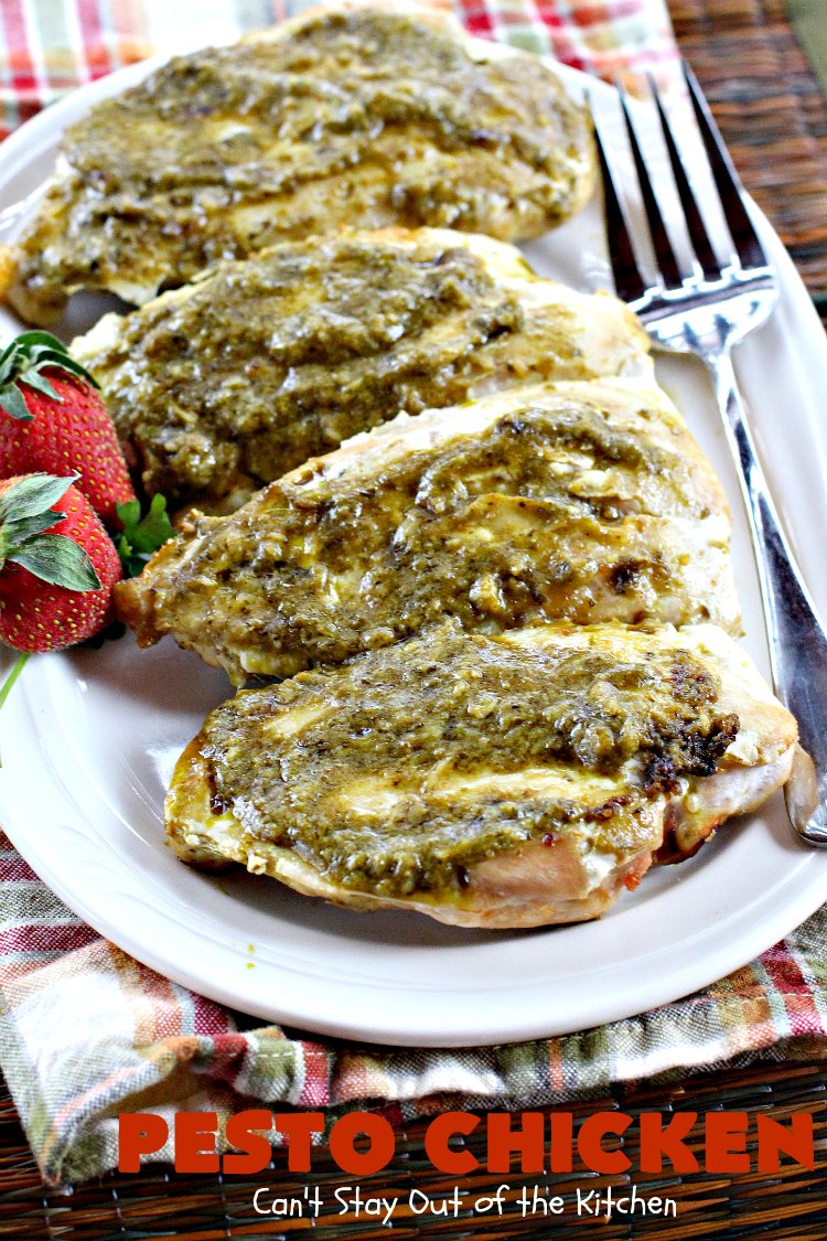 Pesto Chicken | Can't Stay Out of the Kitchen | mouthwatering 3-ingredient #chicken entree that's oven ready in 5 minutes. Terrific #recipe for family or company dinners. #pesto #parmesancheese #glutenfree