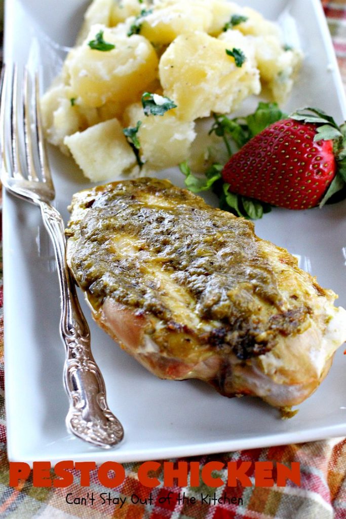 Pesto Chicken | Can't Stay Out of the Kitchen | mouthwatering 3-ingredient #chicken entree that's oven ready in 5 minutes. Terrific #recipe for family or company dinners. #pesto #parmesancheese #glutenfree