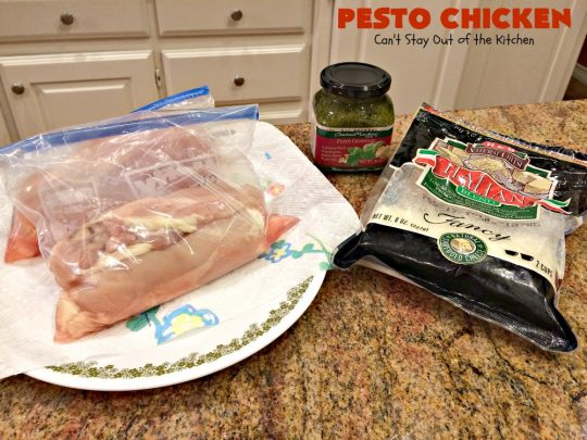 Pesto Chicken | Can't Stay Out of the Kitchen | mouthwatering 3-ingredient #chicken entree that's oven ready in 5 minutes. Terrific #recipe for family or company dinners. #pesto #parmesancheese #glutenfree
