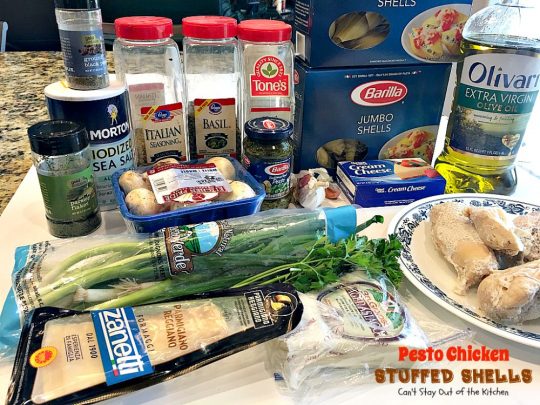 Pesto Chicken Stuffed Shells | Can't Stay Out of the Kitchen | this #pasta dish is superb! #chicken, #pesto sauce, 3 #cheeses, mushrooms & seasonings make it the perfect entree for dinner. Our company raved over it!