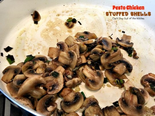 Pesto Chicken Stuffed Shells | Can't Stay Out of the Kitchen | this #pasta dish is superb! #chicken, #pesto sauce, 3 #cheeses, mushrooms & seasonings make it the perfect entree for dinner. Our company raved over it!