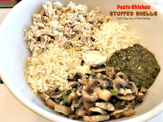 Pesto Chicken Stuffed Shells | Can't Stay Out of the Kitchen | this #pasta dish is superb! #chicken, #pesto sauce, 3 #cheeses, mushrooms & seasonings make it the perfect entree for dinner. Our company raved over it!