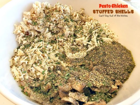 Pesto Chicken Stuffed Shells | Can't Stay Out of the Kitchen | this #pasta dish is superb! #chicken, #pesto sauce, 3 #cheeses, mushrooms & seasonings make it the perfect entree for dinner. Our company raved over it!