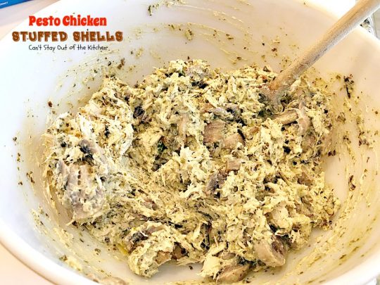 Pesto Chicken Stuffed Shells | Can't Stay Out of the Kitchen | this #pasta dish is superb! #chicken, #pesto sauce, 3 #cheeses, mushrooms & seasonings make it the perfect entree for dinner. Our company raved over it!