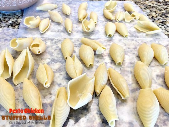Pesto Chicken Stuffed Shells | Can't Stay Out of the Kitchen | this #pasta dish is superb! #chicken, #pesto sauce, 3 #cheeses, mushrooms & seasonings make it the perfect entree for dinner. Our company raved over it!