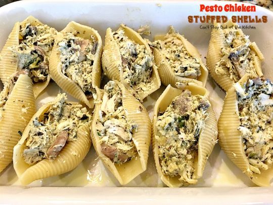 Pesto Chicken Stuffed Shells | Can't Stay Out of the Kitchen | this #pasta dish is superb! #chicken, #pesto sauce, 3 #cheeses, mushrooms & seasonings make it the perfect entree for dinner. Our company raved over it!