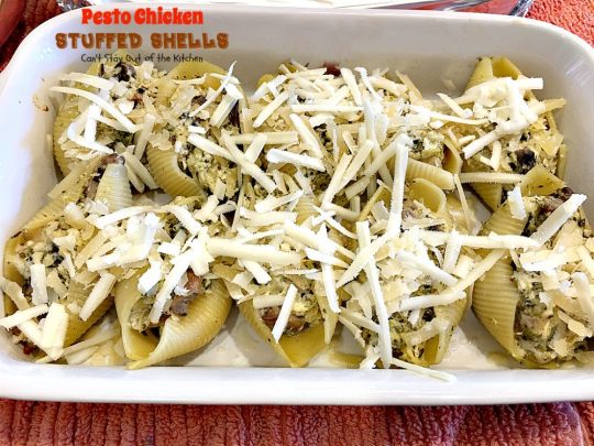 Pesto Chicken Stuffed Shells | Can't Stay Out of the Kitchen | this #pasta dish is superb! #chicken, #pesto sauce, 3 #cheeses, mushrooms & seasonings make it the perfect entree for dinner. Our company raved over it!