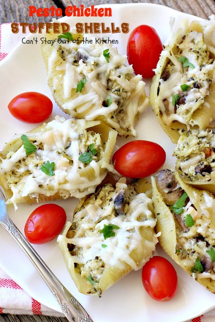 Pesto Chicken Stuffed Shells | Can't Stay Out of the Kitchen | this #pasta dish is superb! #chicken, #pesto sauce, 3 #cheeses, mushrooms & seasonings make it the perfect entree for dinner. Our company raved over it!