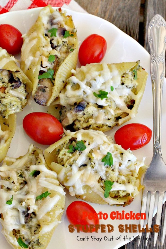 Pesto Chicken Stuffed Shells | Can't Stay Out of the Kitchen | this #pasta dish is superb! #chicken, #pesto sauce, 3 #cheeses, mushrooms & seasonings make it the perfect entree for dinner. Our company raved over it!