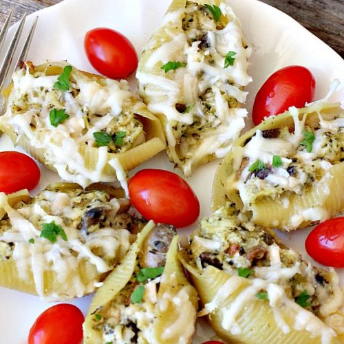 Pesto Chicken Stuffed Shells | Can't Stay Out of the Kitchen | this #pasta dish is superb! #chicken, #pesto sauce, 3 #cheeses, mushrooms & seasonings make it the perfect entree for dinner. Our company raved over it!