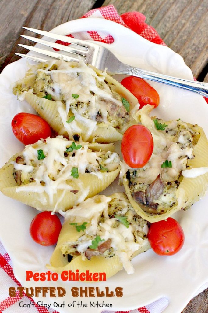 Pesto Chicken Stuffed Shells | Can't Stay Out of the Kitchen | this #pasta dish is superb! #chicken, #pesto sauce, 3 #cheeses, mushrooms & seasonings make it the perfect entree for dinner. Our company raved over it!