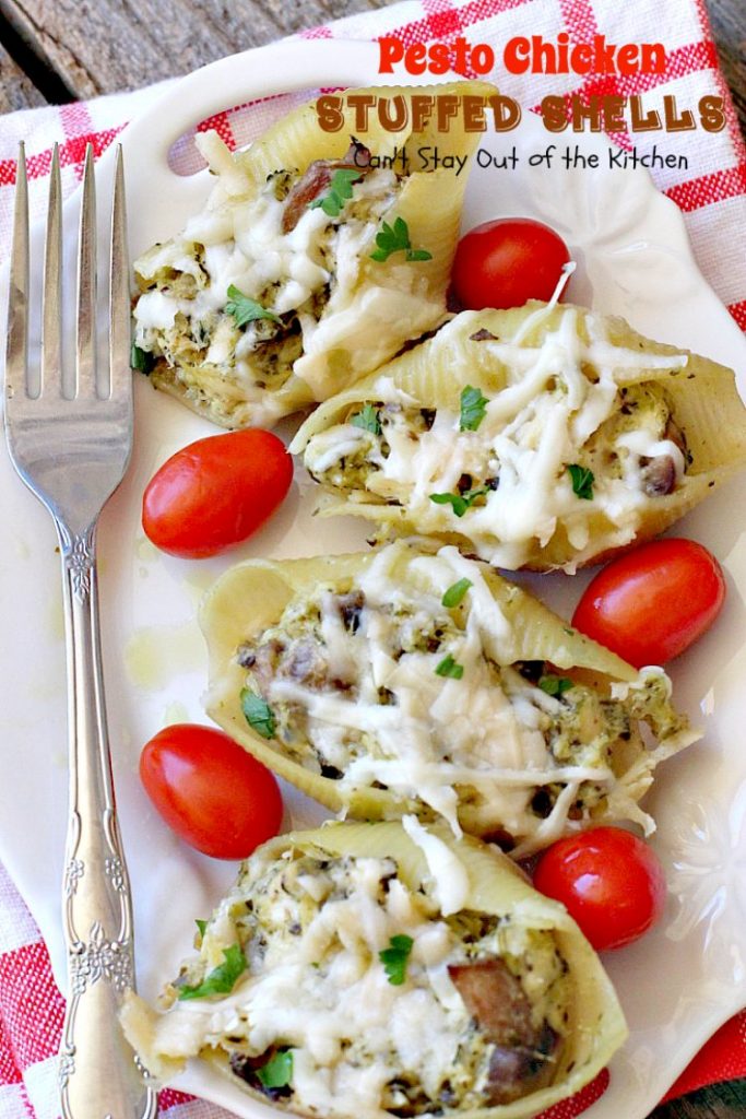 Pesto Chicken Stuffed Shells | Can't Stay Out of the Kitchen | this #pasta dish is superb! #chicken, #pesto sauce, 3 #cheeses, mushrooms & seasonings make it the perfect entree for dinner. Our company raved over it!