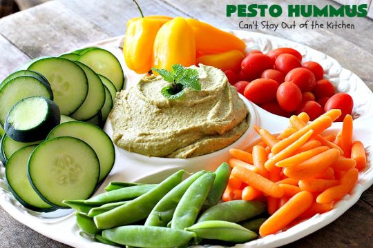 Pesto Hummus | Can't Stay Out of the Kitchen | this fantastic #hummus #recipe is filled with #pesto sauce, roasted #garlic & #garbanzobeans. It tastes so heavenly. It's a terrific #appetizer for company & great served with #veggie dippers. #LowCalorie #Healthy #GlutenFree #vegan #CleanEating