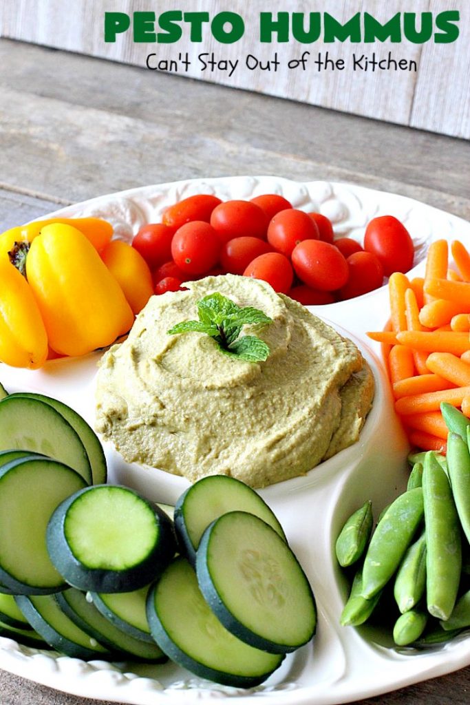 Pesto Hummus | Can't Stay Out of the Kitchen | this fantastic #hummus #recipe is filled with #pesto sauce, roasted #garlic & #garbanzobeans. It tastes so heavenly. It's a terrific #appetizer for company & great served with #veggie dippers. #LowCalorie #Healthy #GlutenFree #vegan #CleanEating