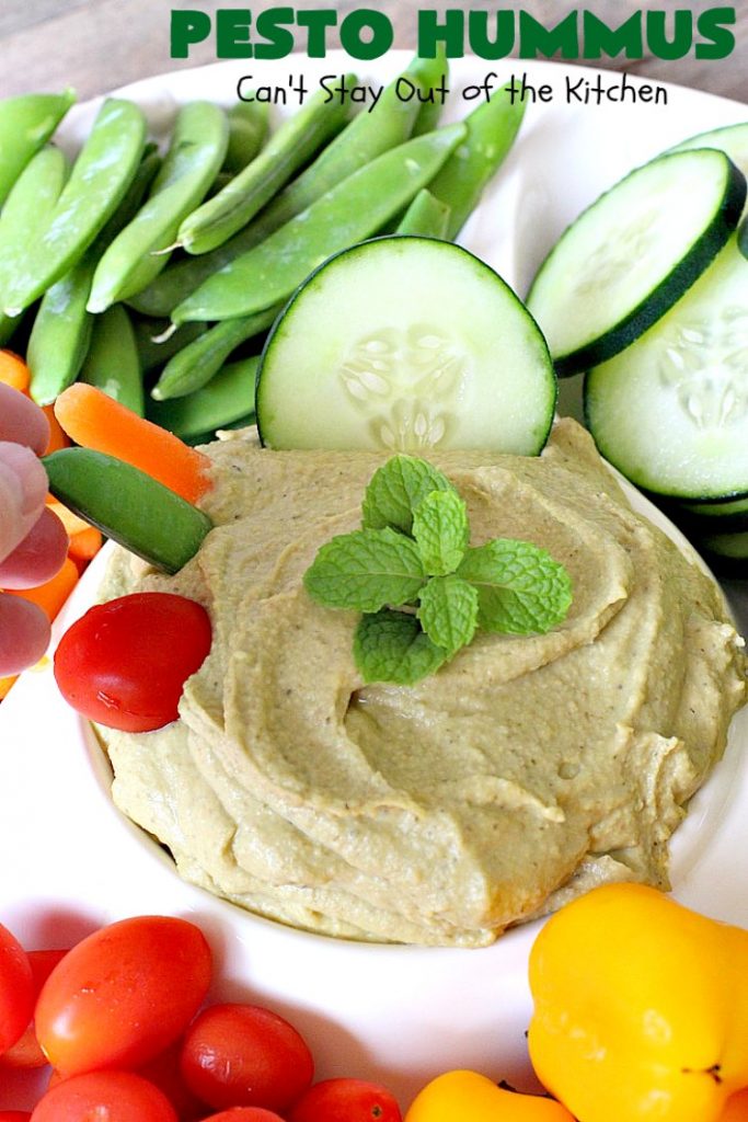 Pesto Hummus | Can't Stay Out of the Kitchen | this fantastic #hummus #recipe is filled with #pesto sauce, roasted #garlic & #garbanzobeans. It tastes so heavenly. It's a terrific #appetizer for company & great served with #veggie dippers. #LowCalorie #Healthy #GlutenFree #vegan #CleanEating