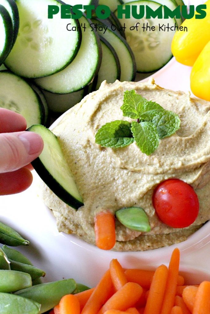 Pesto Hummus | Can't Stay Out of the Kitchen | this fantastic #hummus #recipe is filled with #pesto sauce, roasted #garlic & #garbanzobeans. It tastes so heavenly. It's a terrific #appetizer for company & great served with #veggie dippers. #LowCalorie #Healthy #GlutenFree #vegan #CleanEating