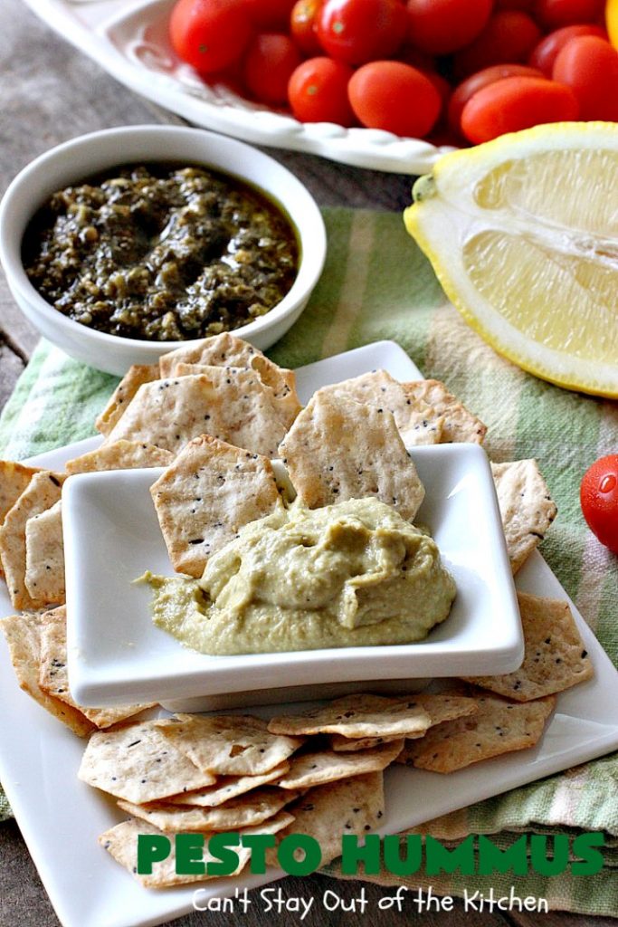 Pesto Hummus | Can't Stay Out of the Kitchen | this fantastic #hummus #recipe is filled with #pesto sauce, roasted #garlic & #garbanzobeans. It tastes so heavenly. It's a terrific #appetizer for company & great served with #veggie dippers. #LowCalorie #Healthy #GlutenFree #vegan #CleanEating
