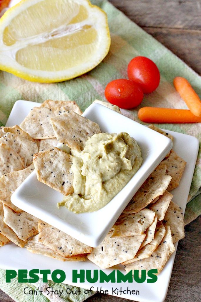 Pesto Hummus | Can't Stay Out of the Kitchen | this fantastic #hummus #recipe is filled with #pesto sauce, roasted #garlic & #garbanzobeans. It tastes so heavenly. It's a terrific #appetizer for company & great served with #veggie dippers. #LowCalorie #Healthy #GlutenFree #vegan #CleanEating
