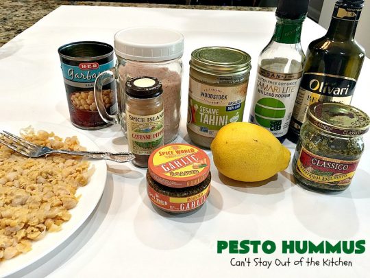 Pesto Hummus | Can't Stay Out of the Kitchen | this fantastic #hummus #recipe is filled with #pesto sauce, roasted #garlic & #garbanzobeans. It tastes so heavenly. It's a terrific #appetizer for company & great served with #veggie dippers. #LowCalorie #Healthy #GlutenFree #vegan #CleanEating