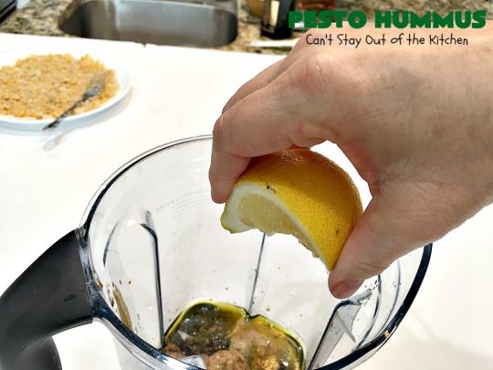 Pesto Hummus | Can't Stay Out of the Kitchen | this fantastic #hummus #recipe is filled with #pesto sauce, roasted #garlic & #garbanzobeans. It tastes so heavenly. It's a terrific #appetizer for company & great served with #veggie dippers. #LowCalorie #Healthy #GlutenFree #vegan #CleanEating