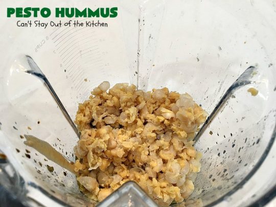 Pesto Hummus | Can't Stay Out of the Kitchen | this fantastic #hummus #recipe is filled with #pesto sauce, roasted #garlic & #garbanzobeans. It tastes so heavenly. It's a terrific #appetizer for company & great served with #veggie dippers. #LowCalorie #Healthy #GlutenFree #vegan #CleanEating