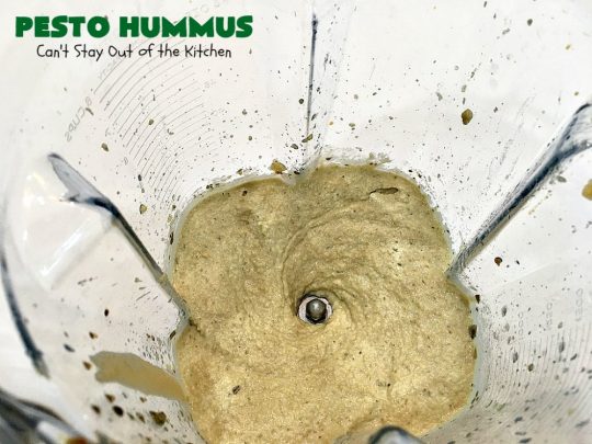 Pesto Hummus | Can't Stay Out of the Kitchen | this fantastic #hummus #recipe is filled with #pesto sauce, roasted #garlic & #garbanzobeans. It tastes so heavenly. It's a terrific #appetizer for company & great served with #veggie dippers. #LowCalorie #Healthy #GlutenFree #vegan #CleanEating