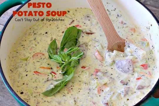Pesto Potato Soup | Can't Stay Out of the Kitchen | This is an awesome #soup. It's filled with #pesto sauce #parmesan cheese & topped with #bacon. It's heavenly & certainly nice enough for company. #potatoes #glutenfree