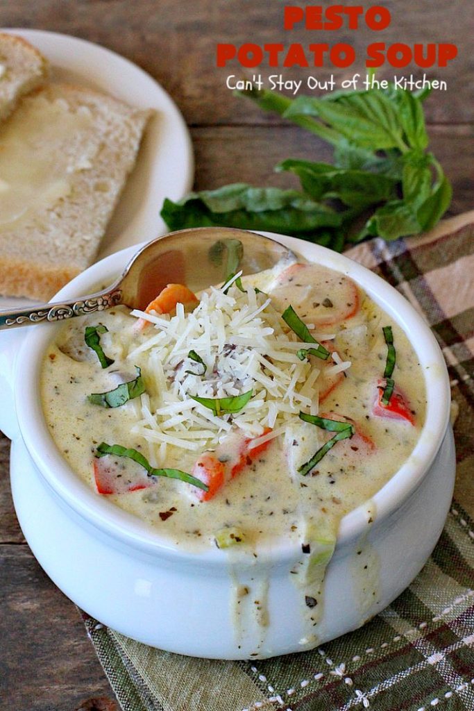 Pesto Potato Soup | Can't Stay Out of the Kitchen | This is an awesome #soup. It's filled with #pesto sauce #parmesan cheese & topped with #bacon. It's heavenly & certainly nice enough for company. #potatoes #glutenfree