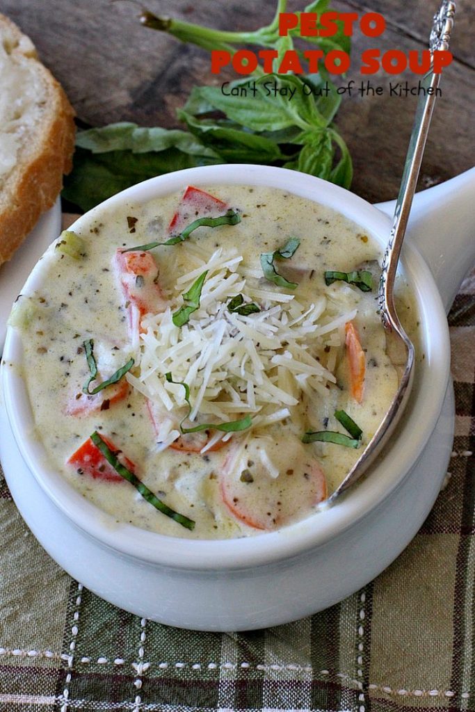 Pesto Potato Soup | Can't Stay Out of the Kitchen | This is an awesome #soup. It's filled with #pesto sauce #parmesan cheese & topped with #bacon. It's heavenly & certainly nice enough for company. #potatoes #glutenfree