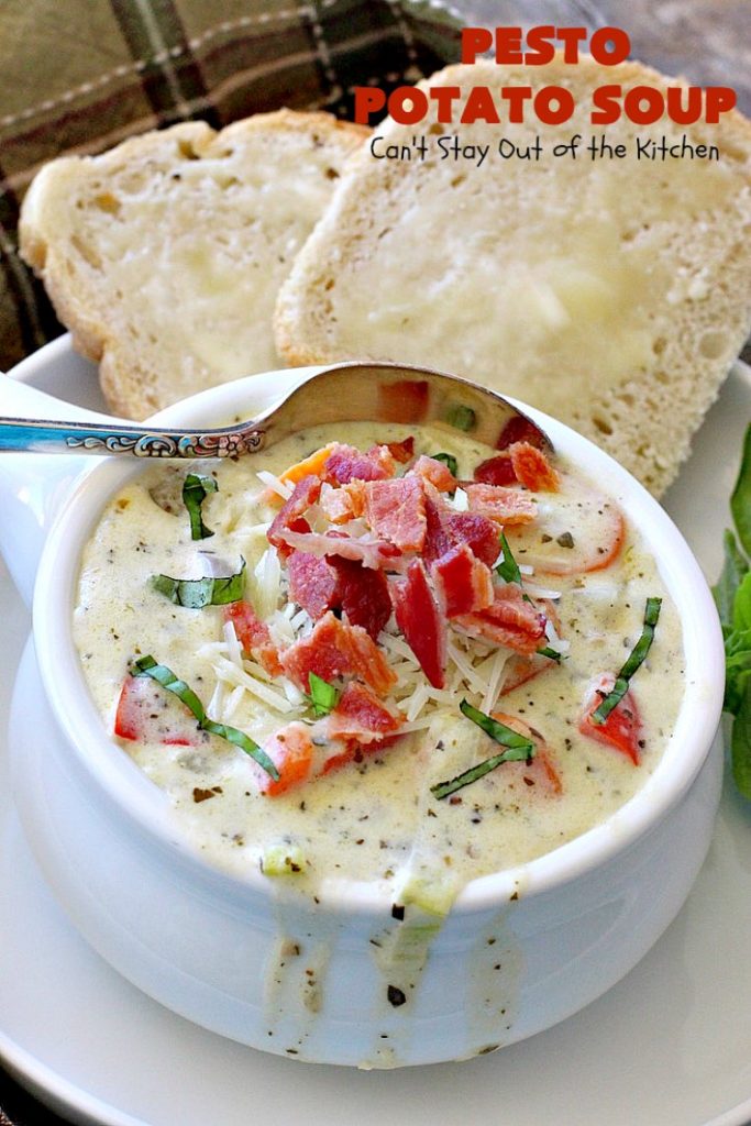 Pesto Potato Soup | Can't Stay Out of the Kitchen | This is an awesome #soup. It's filled with #pesto sauce #parmesan cheese & topped with #bacon. It's heavenly & certainly nice enough for company. #potatoes #glutenfree