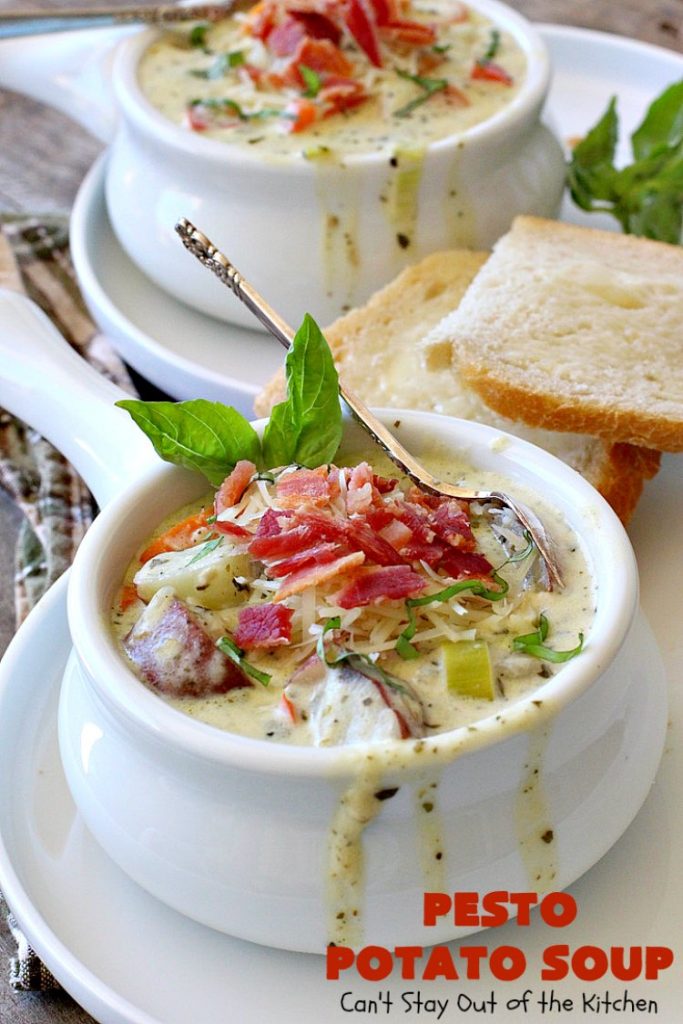 Pesto Potato Soup | Can't Stay Out of the Kitchen | This is an awesome #soup. It's filled with #pesto sauce #parmesan cheese & topped with #bacon. It's heavenly & certainly nice enough for company. #potatoes #glutenfree