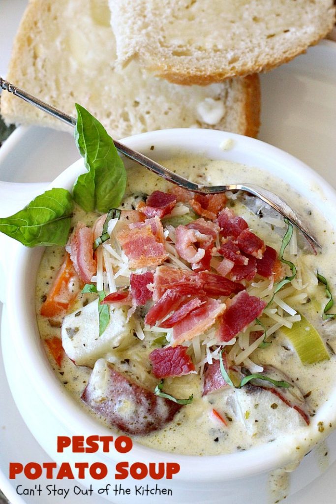 Pesto Potato Soup | Can't Stay Out of the Kitchen | This is an awesome #soup. It's filled with #pesto sauce #parmesan cheese & topped with #bacon. It's heavenly & certainly nice enough for company. #potatoes #glutenfree