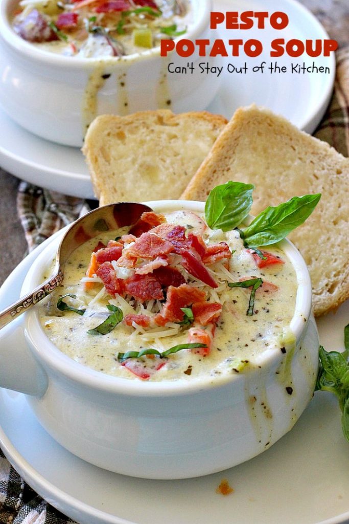 Pesto Potato Soup | Can't Stay Out of the Kitchen | This is an awesome #soup. It's filled with #pesto sauce #parmesan cheese & topped with #bacon. It's heavenly & certainly nice enough for company. #potatoes #glutenfree