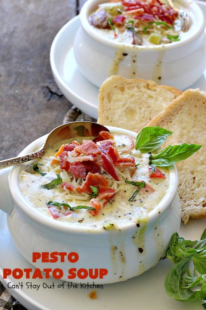 Pesto Potato Soup | Can't Stay Out of the Kitchen | This is an awesome #soup. It's filled with #pesto sauce #parmesan cheese & topped with #bacon. It's heavenly & certainly nice enough for company. #potatoes #glutenfree