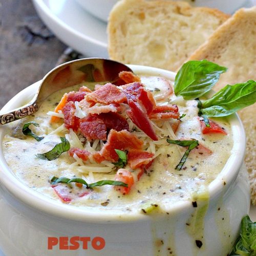 Pesto Potato Soup | Can't Stay Out of the Kitchen | This is an awesome #soup. It's filled with #pesto sauce #parmesan cheese & topped with #bacon. It's heavenly & certainly nice enough for company. #potatoes #glutenfree