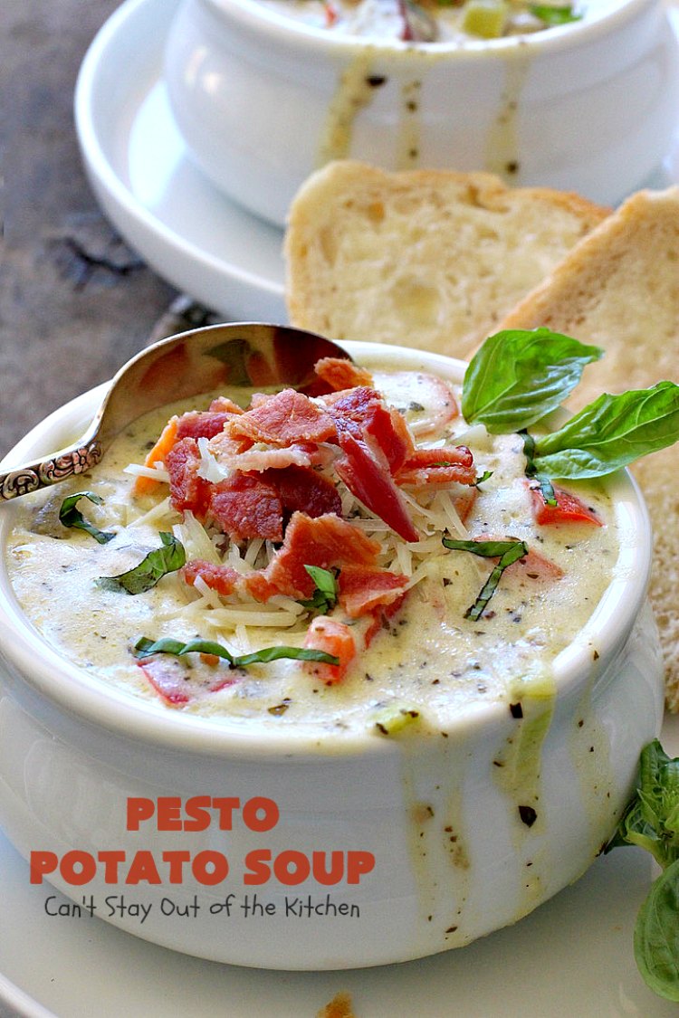 Pesto Potato Soup | Can't Stay Out of the Kitchen | This is an awesome #soup. It's filled with #pesto sauce #parmesan cheese & topped with #bacon. It's heavenly & certainly nice enough for company. #potatoes #glutenfree
