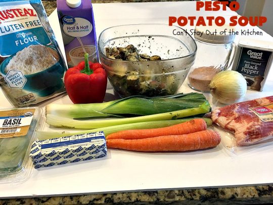 Pesto Potato Soup | Can't Stay Out of the Kitchen | This is an awesome #soup. It's filled with #pesto sauce #parmesan cheese & topped with #bacon. It's heavenly & certainly nice enough for company. #potatoes #glutenfree