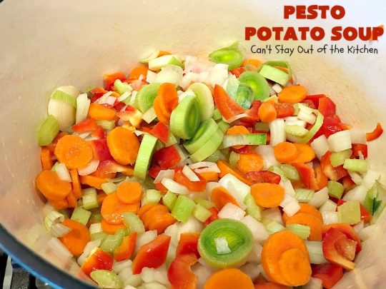 Pesto Potato Soup | Can't Stay Out of the Kitchen | This is an awesome #soup. It's filled with #pesto sauce #parmesan cheese & topped with #bacon. It's heavenly & certainly nice enough for company. #potatoes #glutenfree