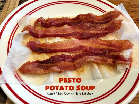 Pesto Potato Soup | Can't Stay Out of the Kitchen | This is an awesome #soup. It's filled with #pesto sauce #parmesan cheese & topped with #bacon. It's heavenly & certainly nice enough for company. #potatoes #glutenfree