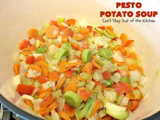 Pesto Potato Soup | Can't Stay Out of the Kitchen | This is an awesome #soup. It's filled with #pesto sauce #parmesan cheese & topped with #bacon. It's heavenly & certainly nice enough for company. #potatoes #glutenfree