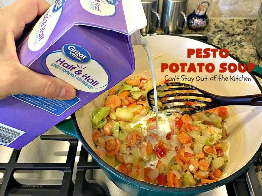 Pesto Potato Soup | Can't Stay Out of the Kitchen | This is an awesome #soup. It's filled with #pesto sauce #parmesan cheese & topped with #bacon. It's heavenly & certainly nice enough for company. #potatoes #glutenfree