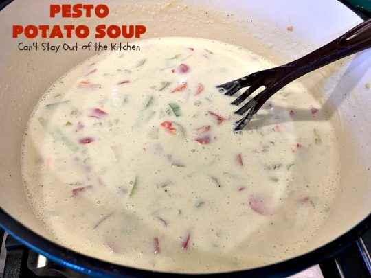 Pesto Potato Soup | Can't Stay Out of the Kitchen | This is an awesome #soup. It's filled with #pesto sauce #parmesan cheese & topped with #bacon. It's heavenly & certainly nice enough for company. #potatoes #glutenfree