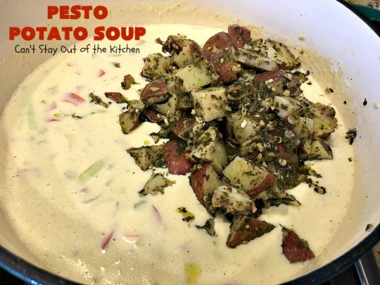 Pesto Potato Soup | Can't Stay Out of the Kitchen | This is an awesome #soup. It's filled with #pesto sauce #parmesan cheese & topped with #bacon. It's heavenly & certainly nice enough for company. #potatoes #glutenfree