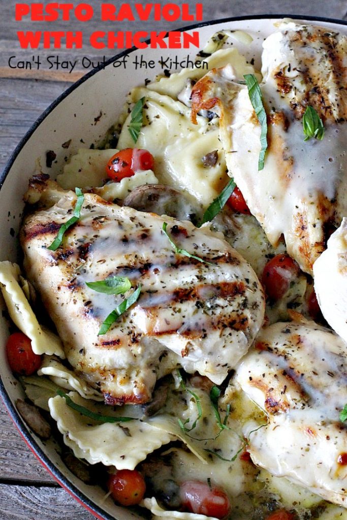 Pesto Ravioli with Chicken | Can't Stay Out of the Kitchen | Succulent & amazing #chicken #recipe with #pesto sauce, #ravioli #mushrooms, #tomatoes & #artichokes. Our company loved this entree. #cheese #parmesancheese #Italian 