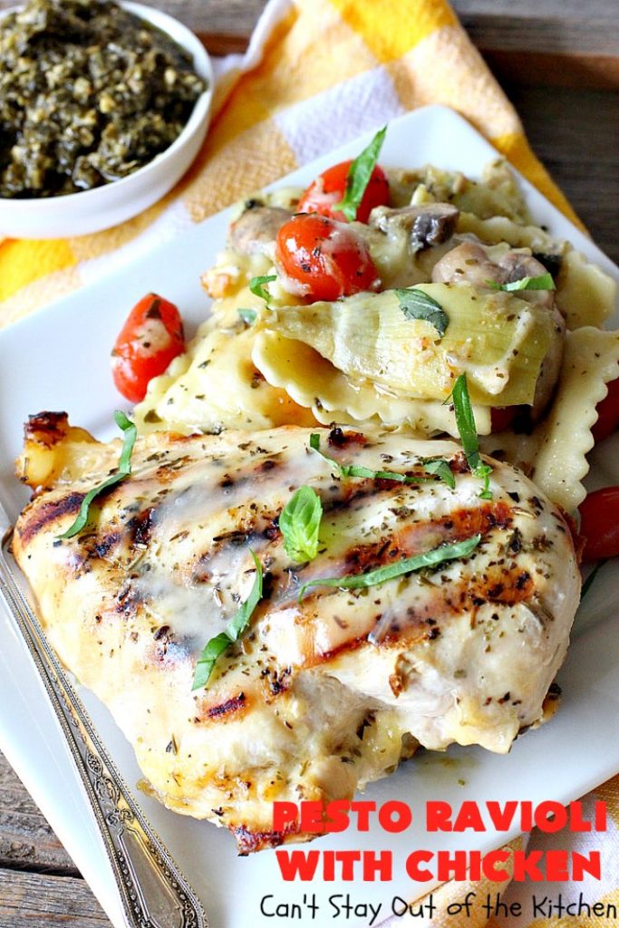Pesto Ravioli with Chicken | Can't Stay Out of the Kitchen | Succulent & amazing #chicken #recipe with #pesto sauce, #ravioli #mushrooms, #tomatoes & #artichokes. Our company loved this entree. #cheese #parmesancheese #Italian 